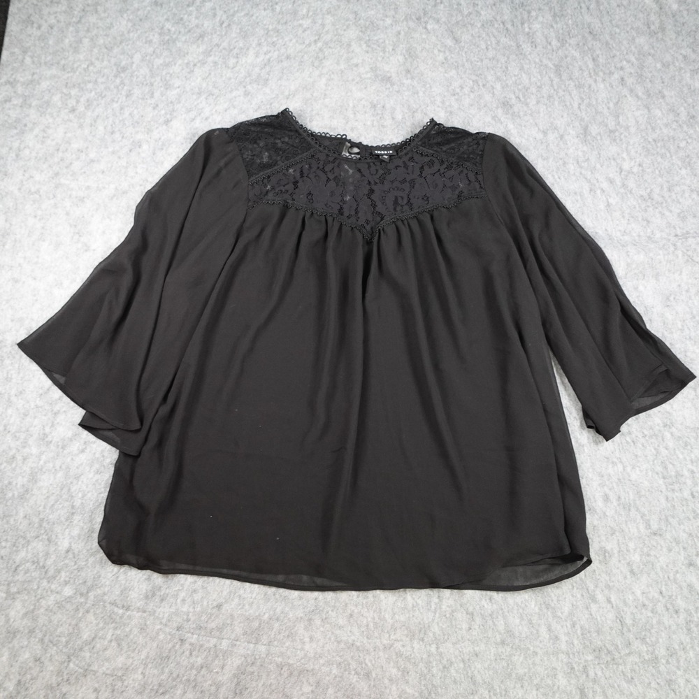 Torrid Top Women 2X Large Black Lace Yoke Chiffon Bell Sleeve Keyhole Blouse